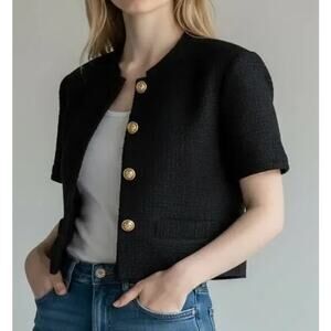 Derek Lam 10 Crosby Short Sleeve Cropped Tweed Blazer Jacket Black Small